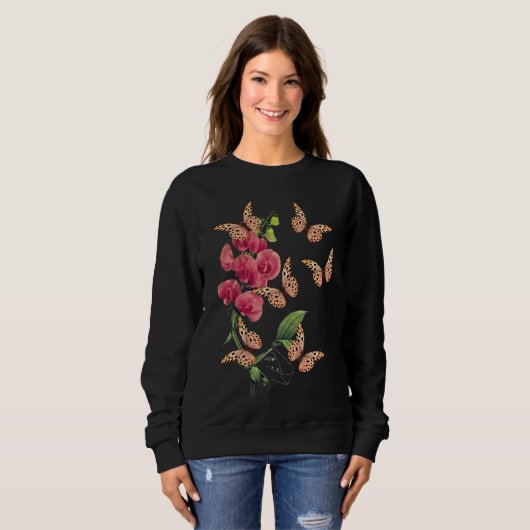 Sweatshirt Papillons Et Fleur De Pois Doux Noir (Devant entier)