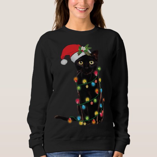 Sweatshirt Père Noël Chat Noir Tangé Dans La Lumière De L'Arb (Devant)