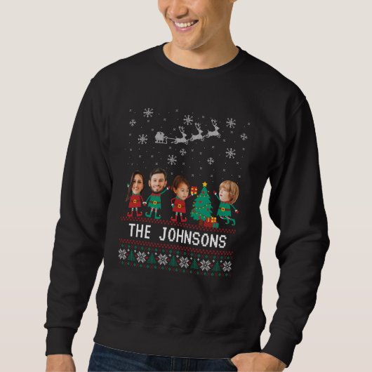 Sweatshirt Personnalisé Funny Face Photo Noël Famille d'elfes (Devant)