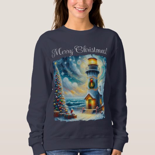 Sweatshirt Phare de Noël Arbre Nautique Bleu Côtier (Devant)