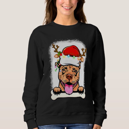 Sweatshirt Pitbull blanchi Père Noël éclaire le chien de Noël (Devant)