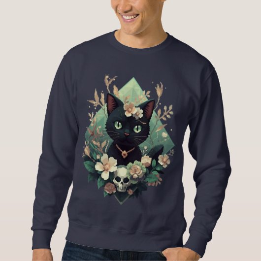 Sweatshirt Pixel de crâne de chat noir floral pour Halloween (Devant)