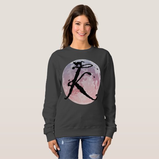 Sweatshirt Pleine lune et chat K Monogramme initial T-shirt (Devant entier)