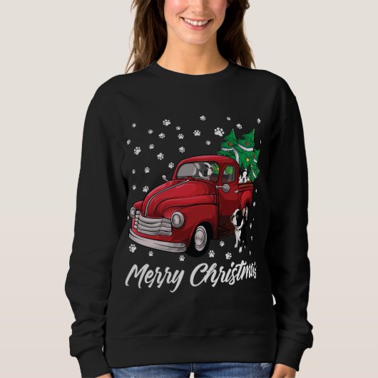 Sweatshirt Red Truck Merry Christmas Tree Boston Terrier Dog (Devant)