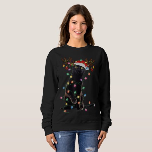 Sweatshirt Reindeer Chat Noir Feux de Noël Drôle Chat Amour (Devant entier)