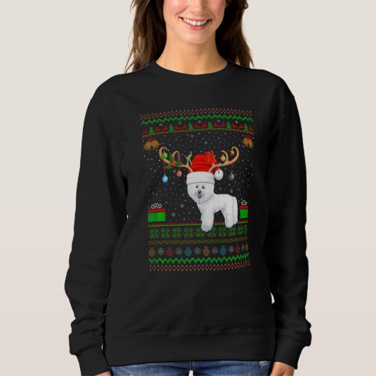 Sweatshirt Reindeer Santa Hat Correspondre Ugly Bichon Frise (Devant)