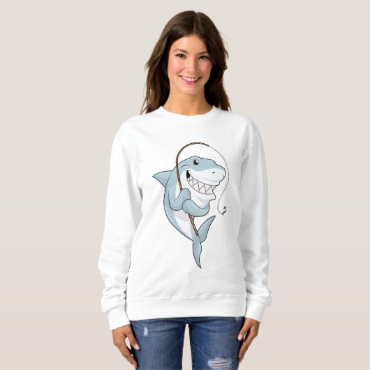 Sweatshirt Requin comme pêcheur avec canne à pêche (Devant entier)