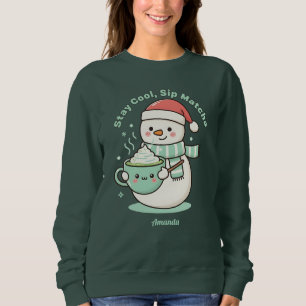 Sweatshirt Restez Cool Buvez Matcha Bonhomme de Neige de Noël