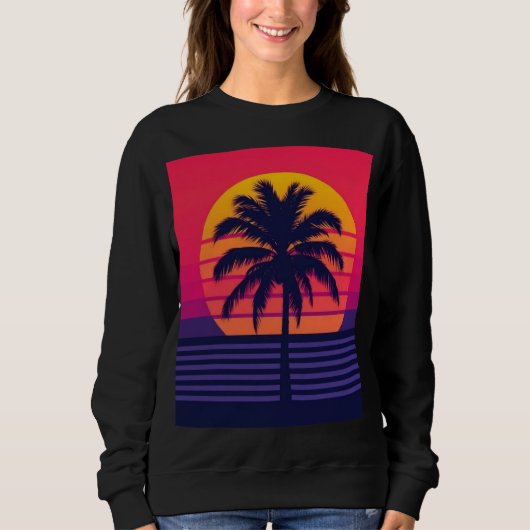Sweatshirt Rétro Art Synthwave Palmier Coucher de Soleil 80s (Devant)