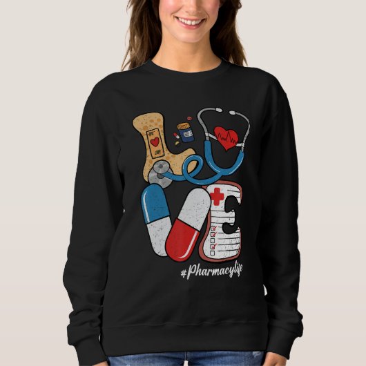 Sweatshirt Retro Groovy LOVE Stethoscope Pill Pharmacy Life P (Devant)