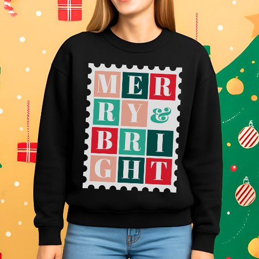 Sweatshirt Retro Merry and Bright  Christmas Postage Stamp
