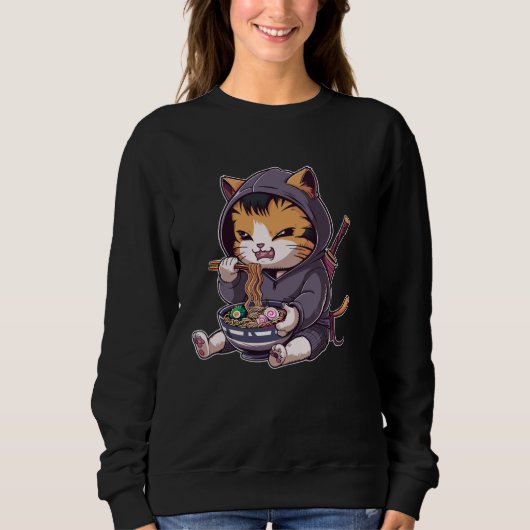 Sweatshirt Samurai Cat Eating Ramen Kawaii Ninja Japanese Ani (Devant)