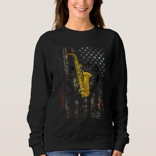 Sweatshirt Saxophone 4th Of July Patriotic Distressed America (Devant)