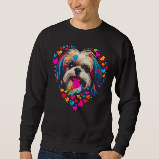 Sweatshirt Shih Tzu Dog Pink Yellow Blue Heart (Devant)
