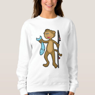 Sweatshirt Singe à la pêche avec bâton de pêche et poisson