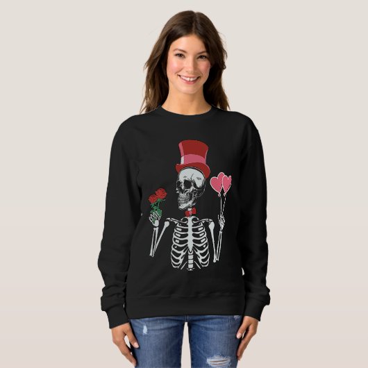 Sweatshirt Skeleton Top Hat Rose Valentines Day Skeleton Bone (Devant entier)