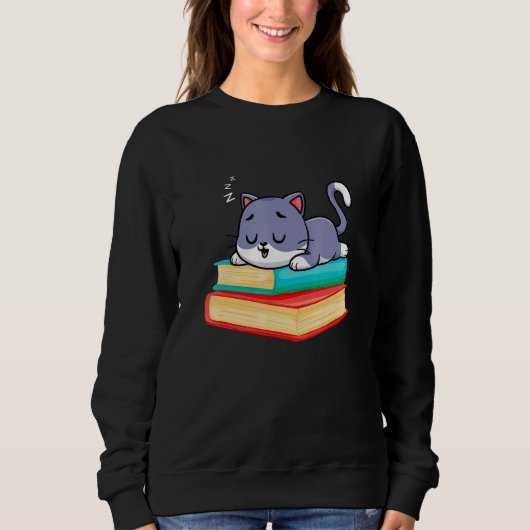 Sweatshirt Sleeping Cat On Books Librarian bookish Cat & Book (Devant)