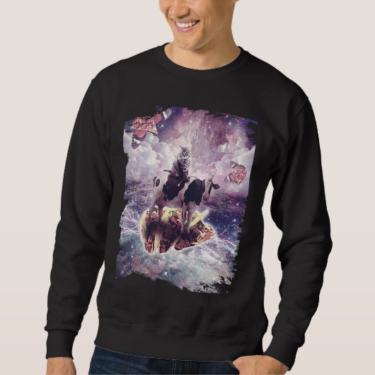 Sweatshirt Space Cat Riding Cow Unicorn  Pizza & Taco (Devant)