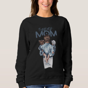 Sweatshirt Super Maman Bleu Aquarelle Mère et Enfants Art
