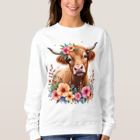 Sweatshirt Superbe vache écossaise Highland Floral (Devant)