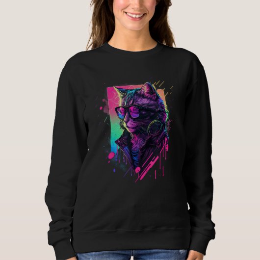 Sweatshirt Synthwave Aesthetic Cat Vaporwave Cat  90s Retro C (Devant)