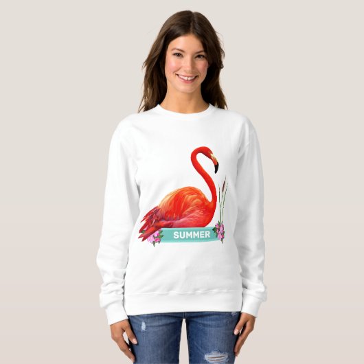 Sweatshirt T-shirt Flamant rose et fleurs rose corail (Devant entier)