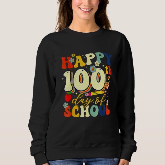 Sweatshirt Teacher Kids Retro Groovy 100 Days Happy 100th Day (Devant)