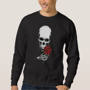 Sweatshirt Tête de crâne Squelette main tenant Rose rouge Tat