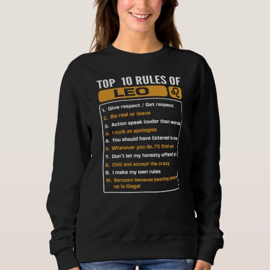Sweatshirt Top 10 Rules Of Leo, Leo Facts Traits (Devant)