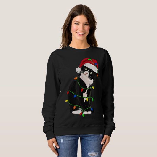 Sweatshirt Tuxedo Cat Meow Père Noël Tuxie Feux d'arbre de No (Devant entier)