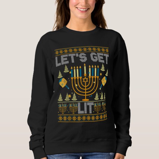 Sweatshirt Ugly Hanukkah Sweater  Let's Get Lit Drinking Tee (Devant)