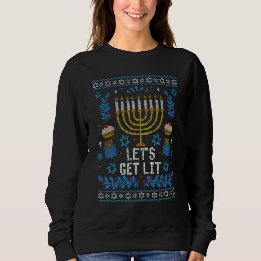 Sweatshirt Ugly Hanukkah Sweater Lets Get Lit Menorah Men Wom (Devant)