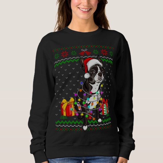 Sweatshirt Ugly Sweater Christmas Lights Boston Terrier Dog L (Devant)