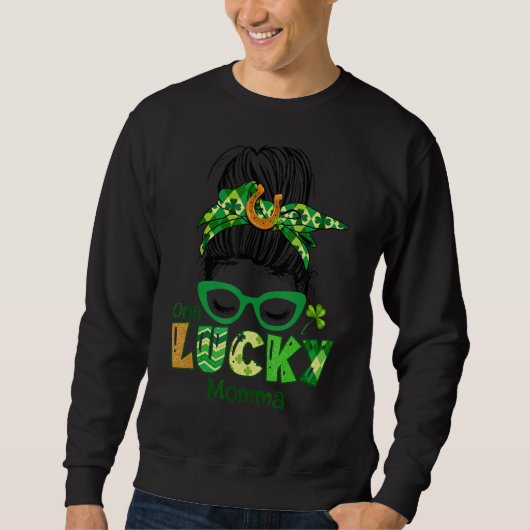 Sweatshirt Un Lucky Momma Messy Bun Leopard St Patrick's Day (Devant)