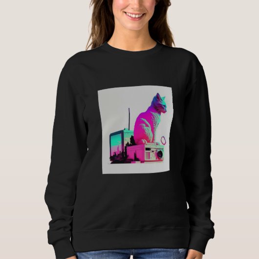 Sweatshirt Vaperwave Aesthetic Glitch Cat Retrowave Synthwave (Devant)
