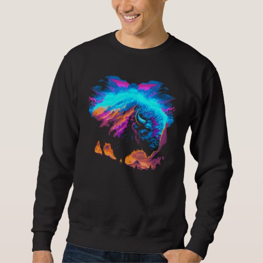 Sweatshirt Vaporwave Synthwave Bison Buffalo Américain 80 Eig (Devant)