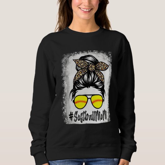 Sweatshirt Vie Mère De Softball Bleu Avec Leopard Et Messager (Devant)