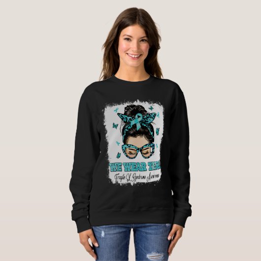 Sweatshirt We Wear Teal Messy Bun Warrior Fragile X Syndrome (Devant entier)
