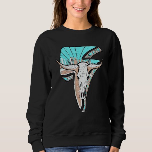 Sweatshirt Western Turquoise Rodeo Queen Lightning Cow Skull (Devant)