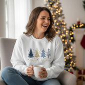 Sweatshirt Whimsical Merry Christmas Festive Trees Blue Gold