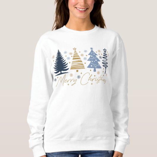 Sweatshirt Whimsical Merry Christmas Festive Trees Blue Gold (Devant)
