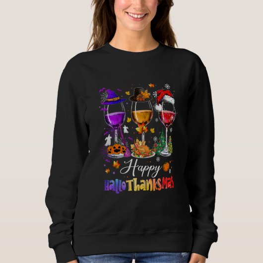 Sweatshirt Wine Glasses Halloween Merry Christmas Happy Hallo (Devant)