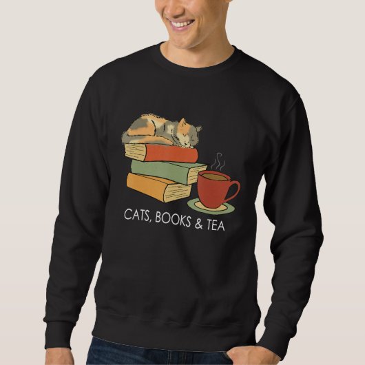 Sweatshirt With Cats Books And Tea   Reading (Devant)