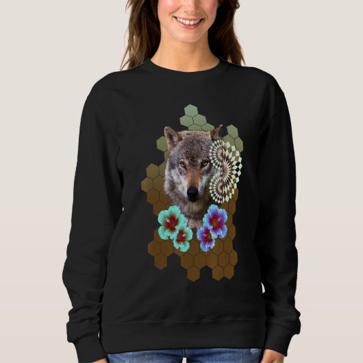 Sweatshirt Wolf Floral Flower Alien Honeycomb Olive to Brown (Devant)