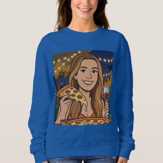 Sweatshirt Woman enjoying wine and pizza outside