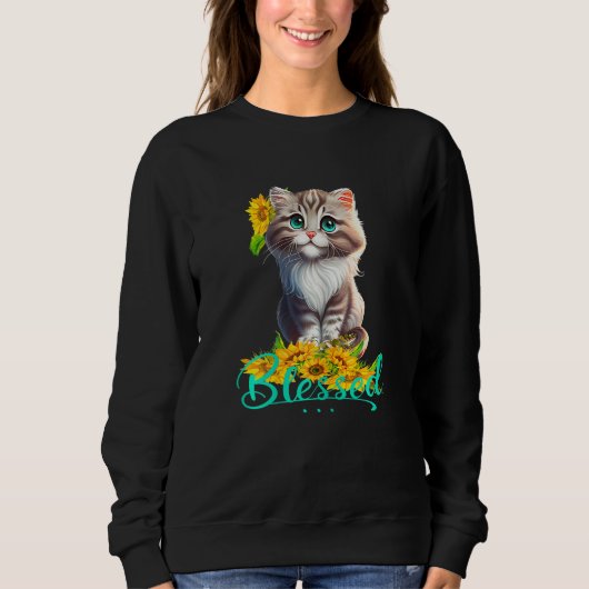 Sweatshirt Womens Blessed Cute Tabby Kitty With Sunflowers Ch (Devant)