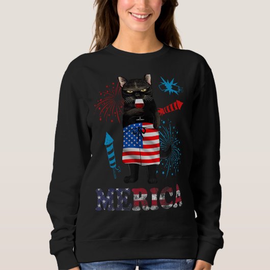 Sweatshirt Womens  Merica Black Cat Wine Glass Firework USA F (Devant)