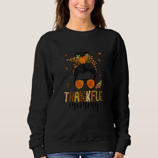 Sweatshirt Womens One Thankful Mommy Leopard Messy Bun Thanks (Devant)