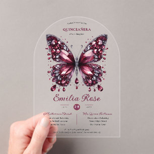 Sweet15 Butterflies QUINCEANERA Bourgogne Diamond Acryl Uitnodigingen