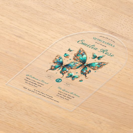 Sweet15 Butterflies QUINCEANERA Emerald Green Gold Acryl Uitnodigingen (Laagn)